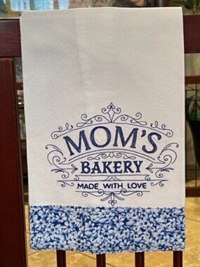 Kitchen Towel Tea Towel Dish Towel Mom's Bakery Blue and White Border with Blue